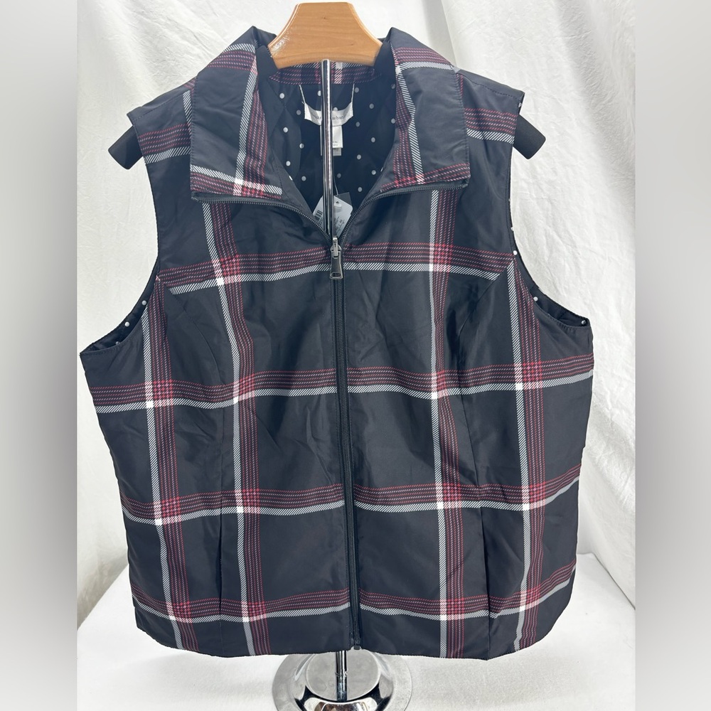 NWT‎ Christopher & Banks Reversible Quilted Vest Polka Dot Plaid L